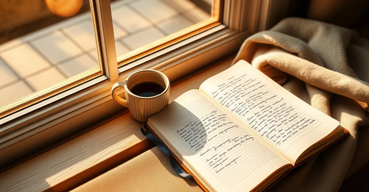 an open journal on a wooden desk with morning light