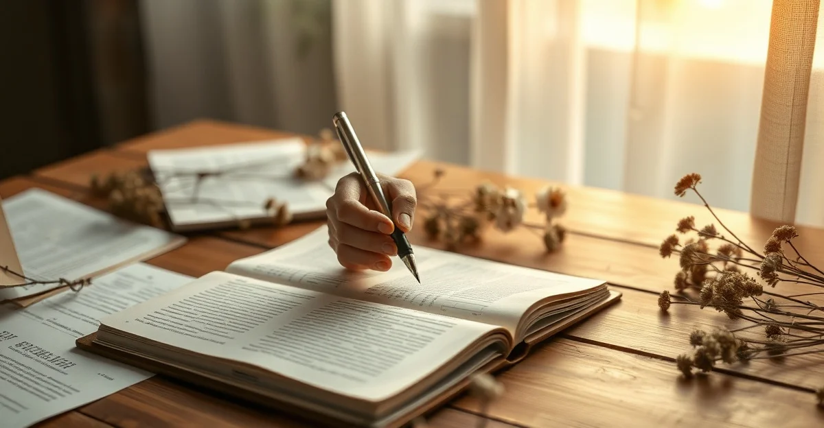 an open journal on a wooden desk with morning light