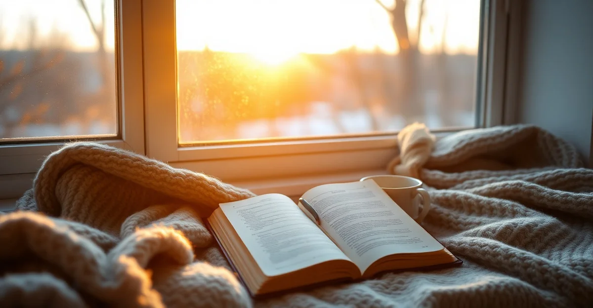 a cozy reading corner with warm blankets and tea
