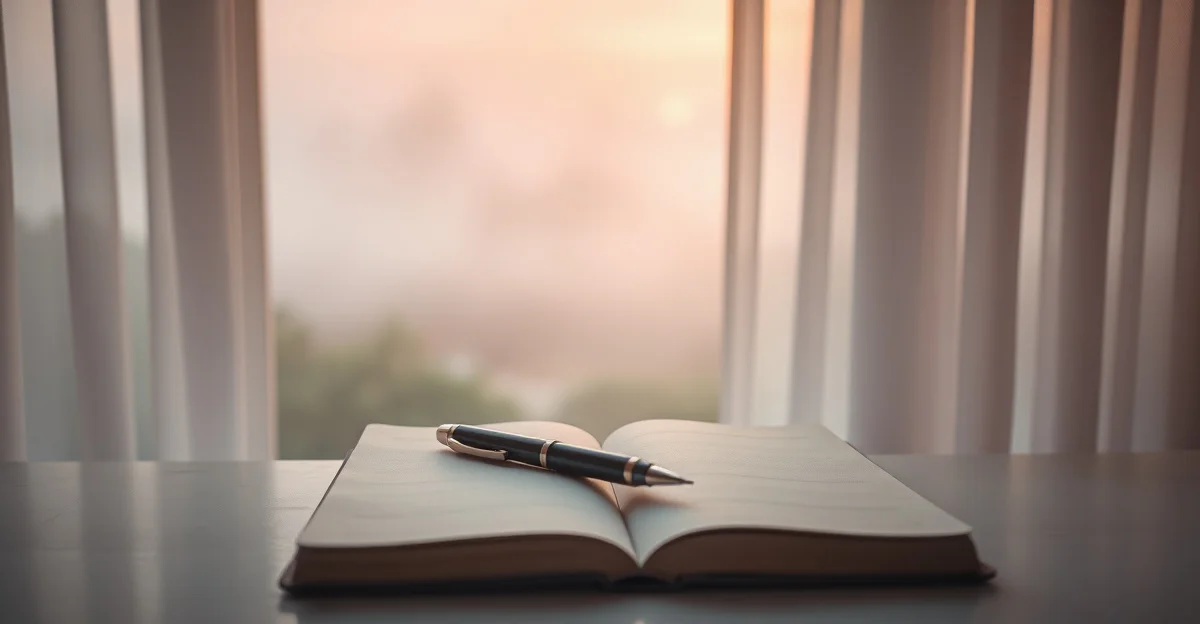 an open journal on a wooden desk with morning light