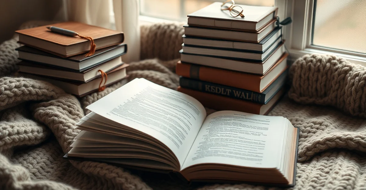 a cozy reading corner with warm blankets and tea