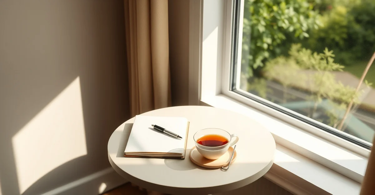 an open journal on a wooden desk with morning light