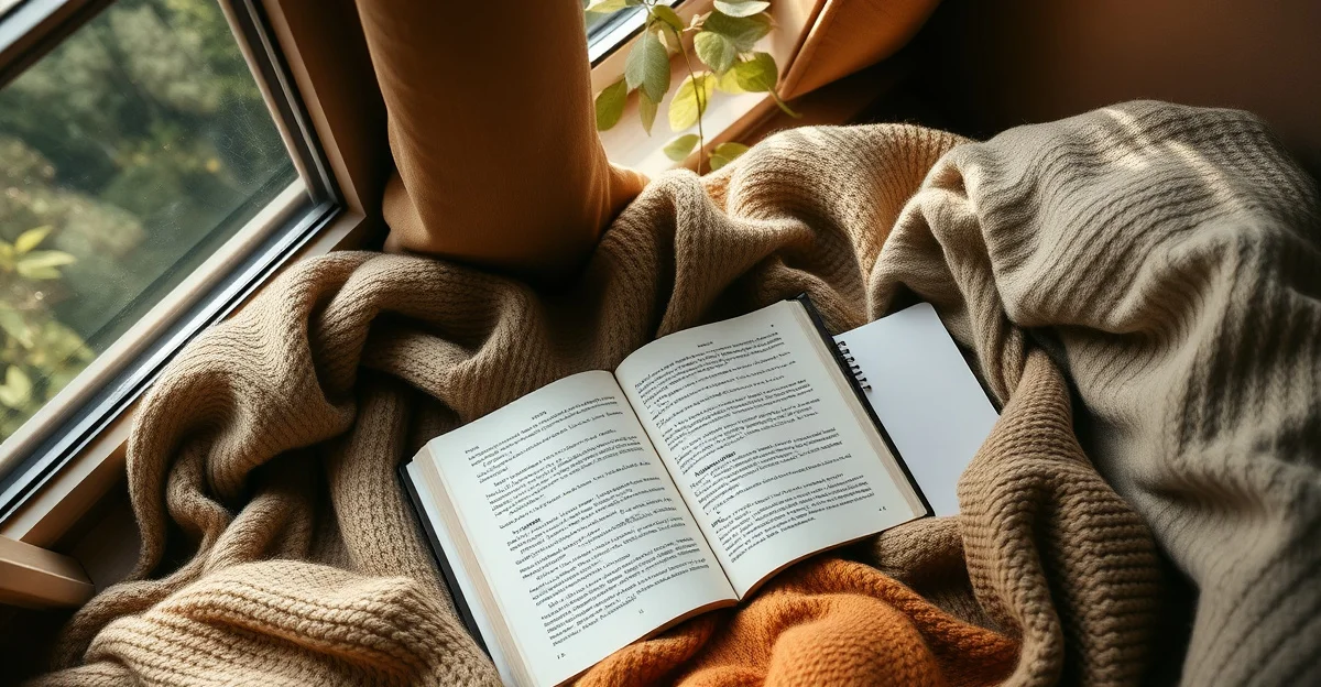 a cozy reading corner with warm blankets and tea