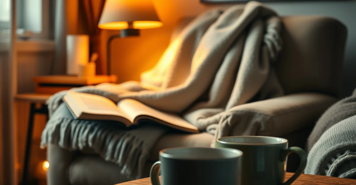 a cozy reading corner with warm blankets and tea