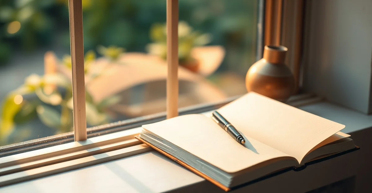 an open journal on a wooden desk with morning light
