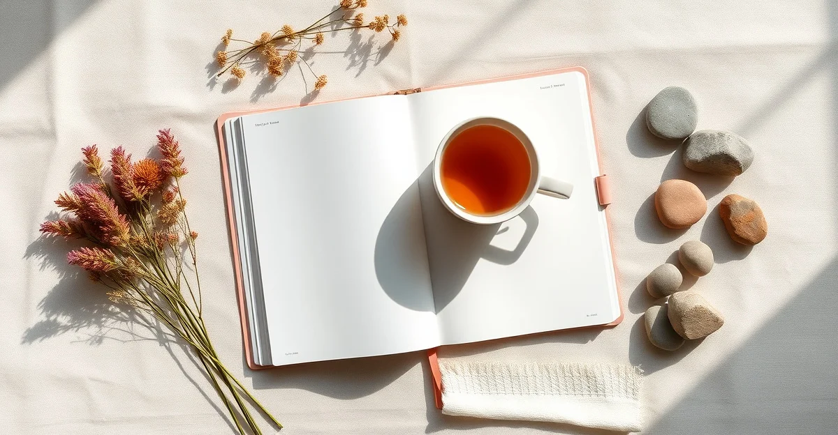 a cozy reading corner with warm tea and an open notebook