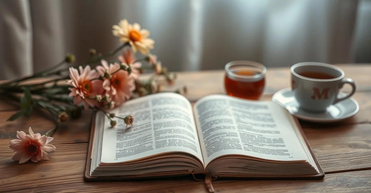 a study space with open textbooks and a warm cup of tea