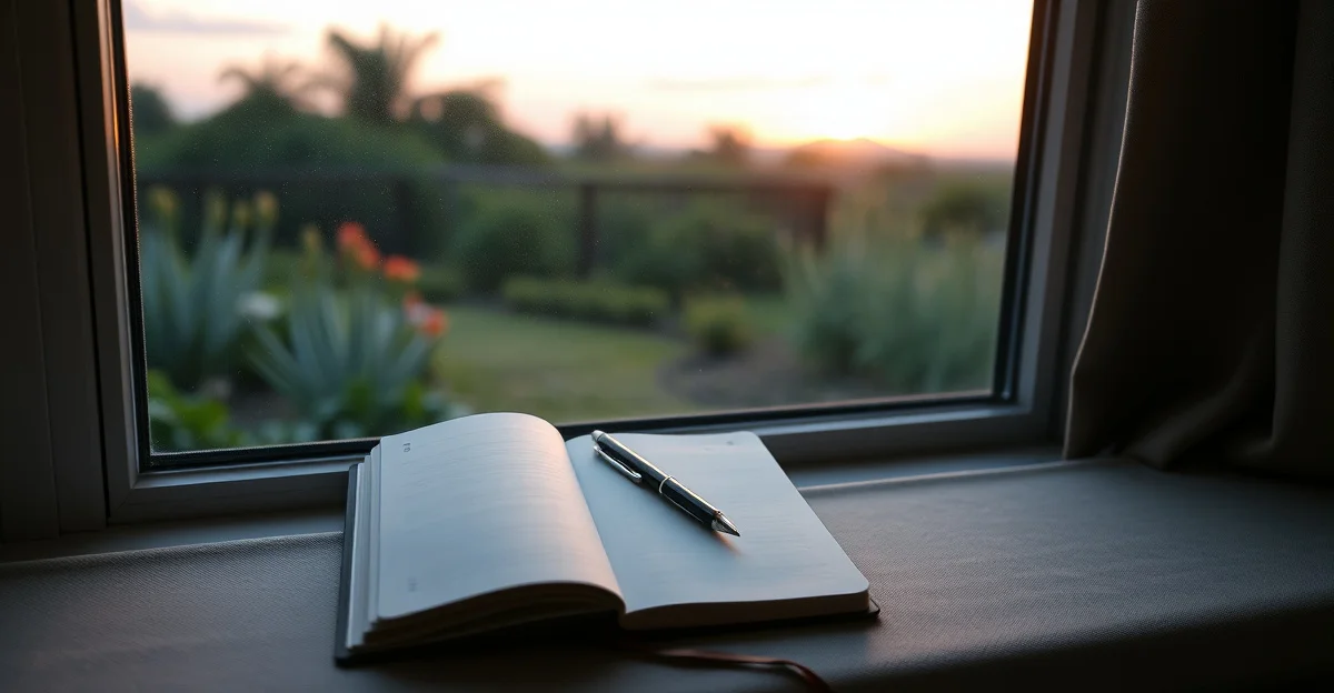 an open journal on a wooden desk with morning light