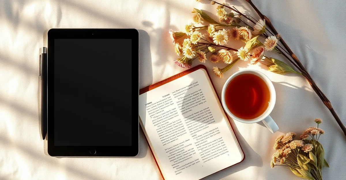 a cozy corner with iPad, journal, and warm morning light