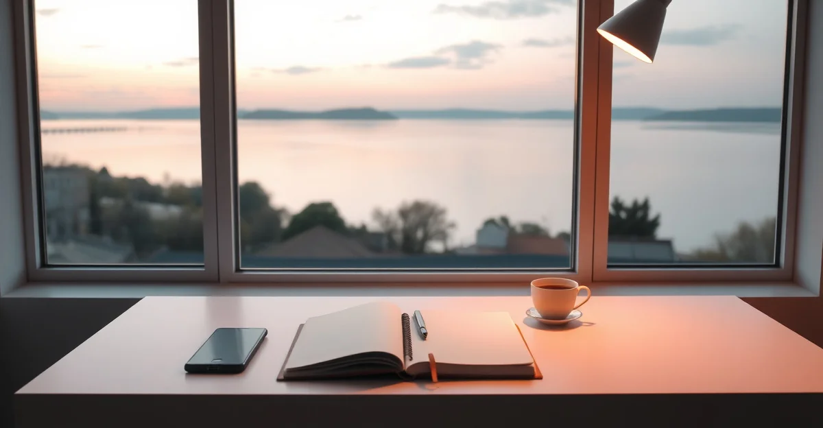 an open journal on a wooden desk with morning light