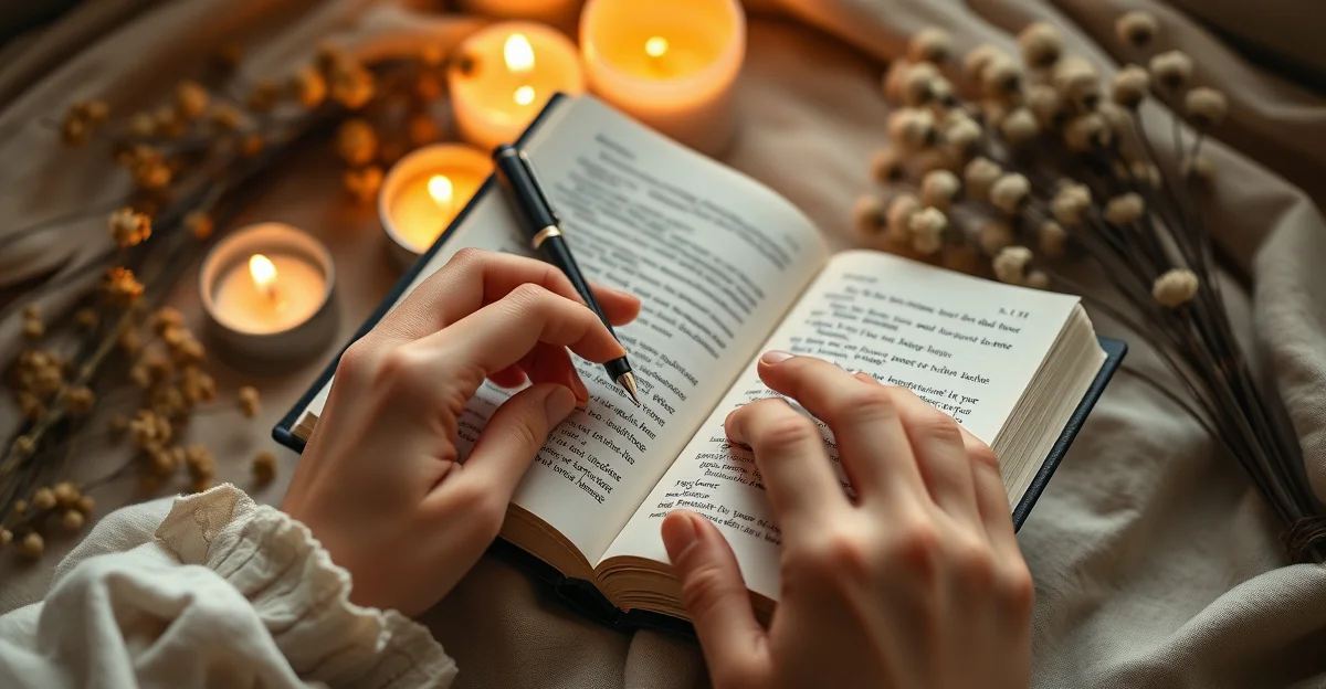 a cozy workspace with an open notebook and warm tea
