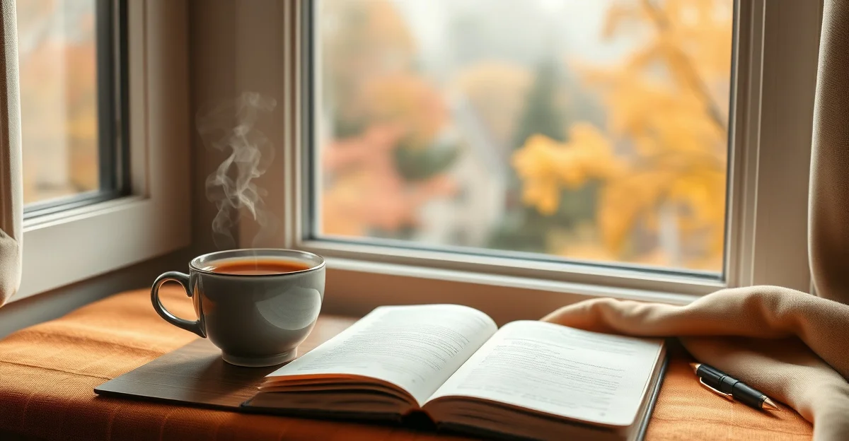 an open journal on a wooden desk with morning light