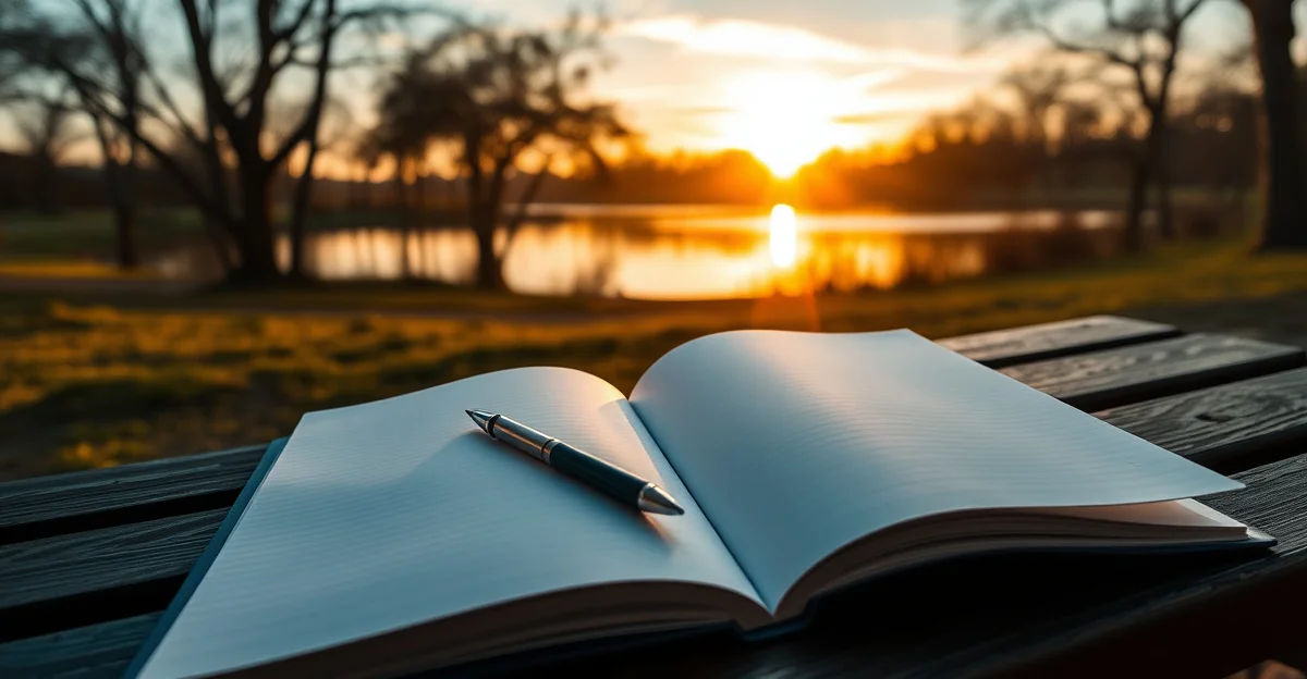 an open journal on a wooden desk with morning light