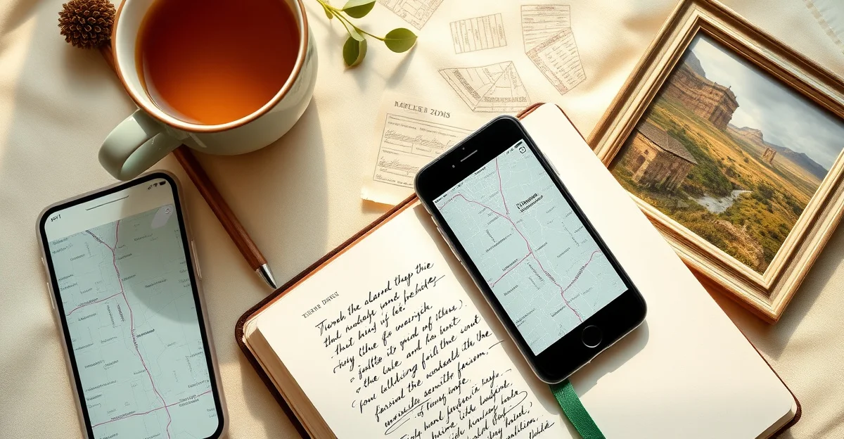 a vintage map spread open beside a handwritten notebook