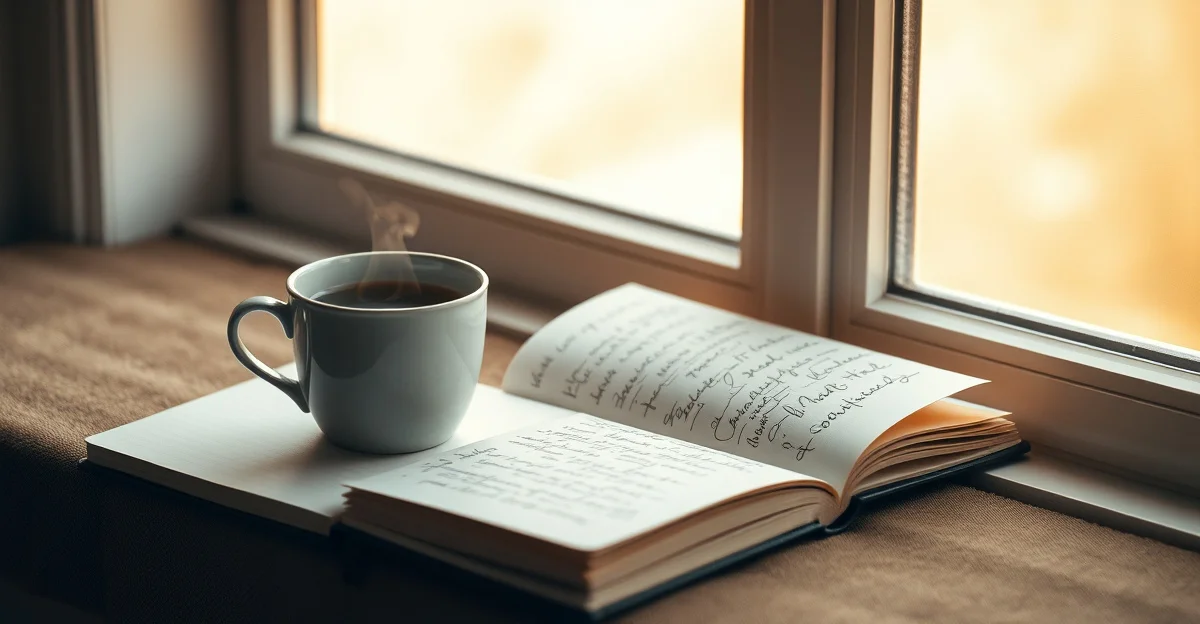an open journal on a wooden desk with morning light