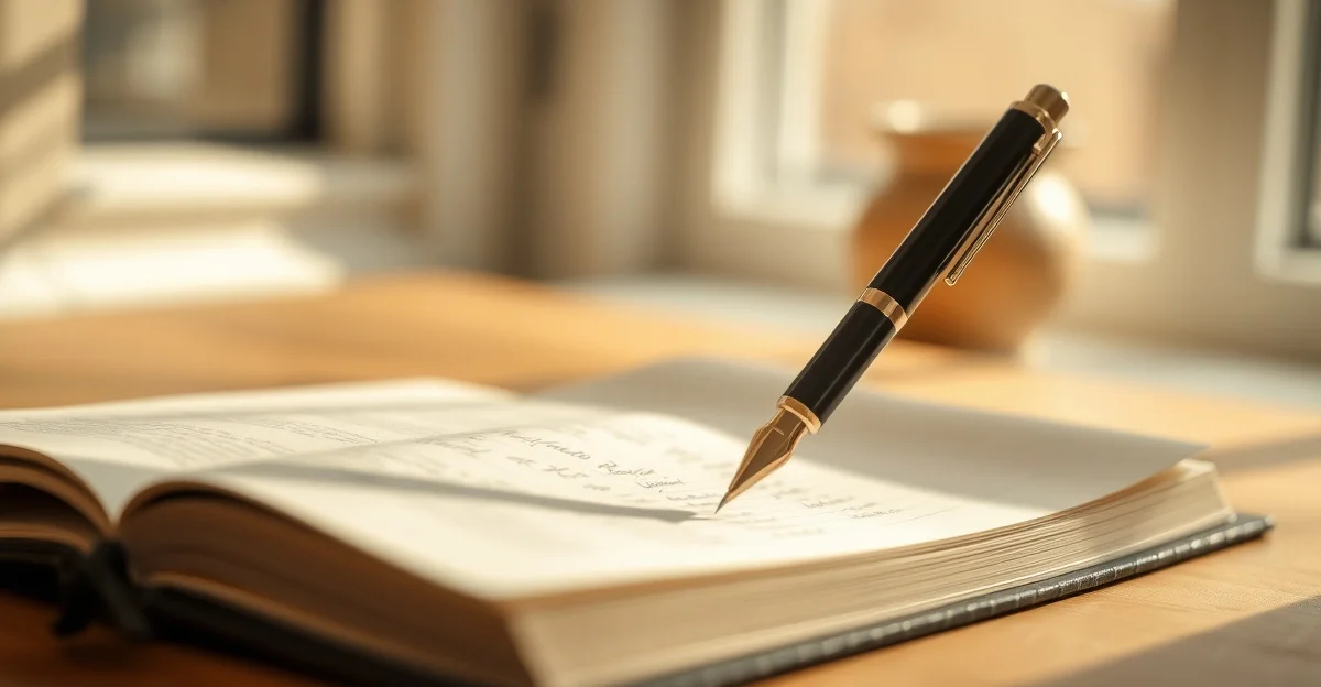 an open journal on a wooden desk with morning light