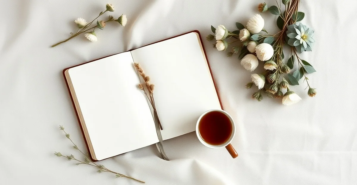 an open journal and warm tea on a wooden table, sunlight streaming across the page