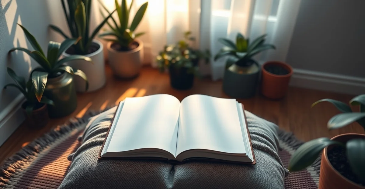 a cozy reading nook with journal and warm tea