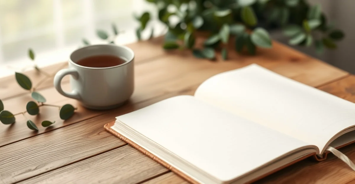 morning light streaming over a table with breakfast and an open notebook