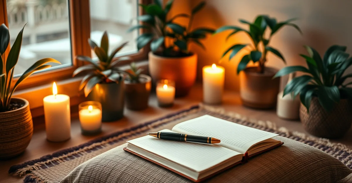 a cozy reading corner with warm blankets and a journal