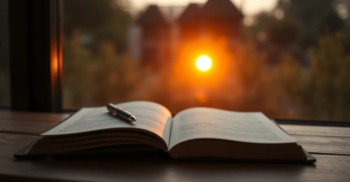 an open journal on a wooden desk with morning light