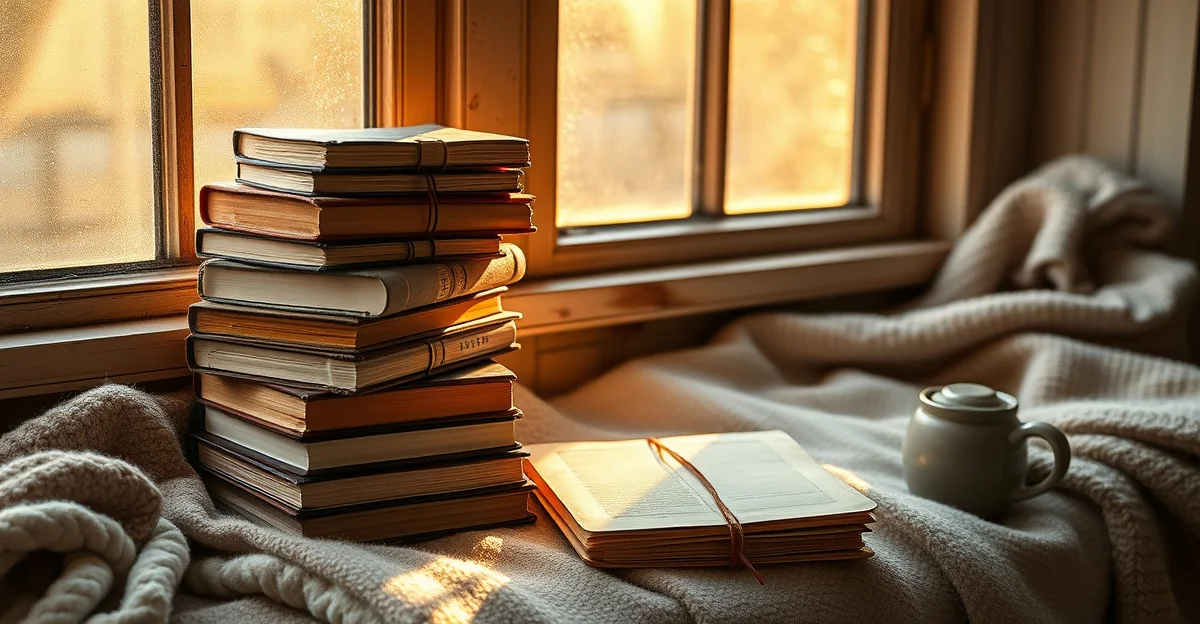 a cozy reading corner with warm blankets and a journal
