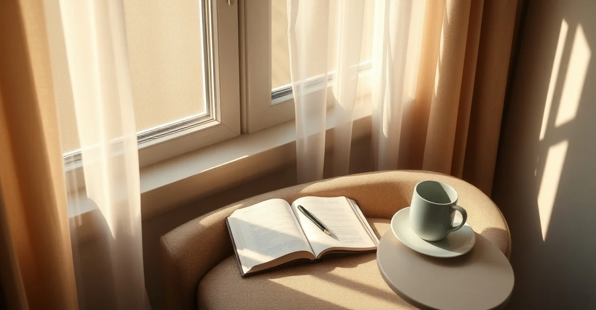 an open journal on a wooden desk with morning light
