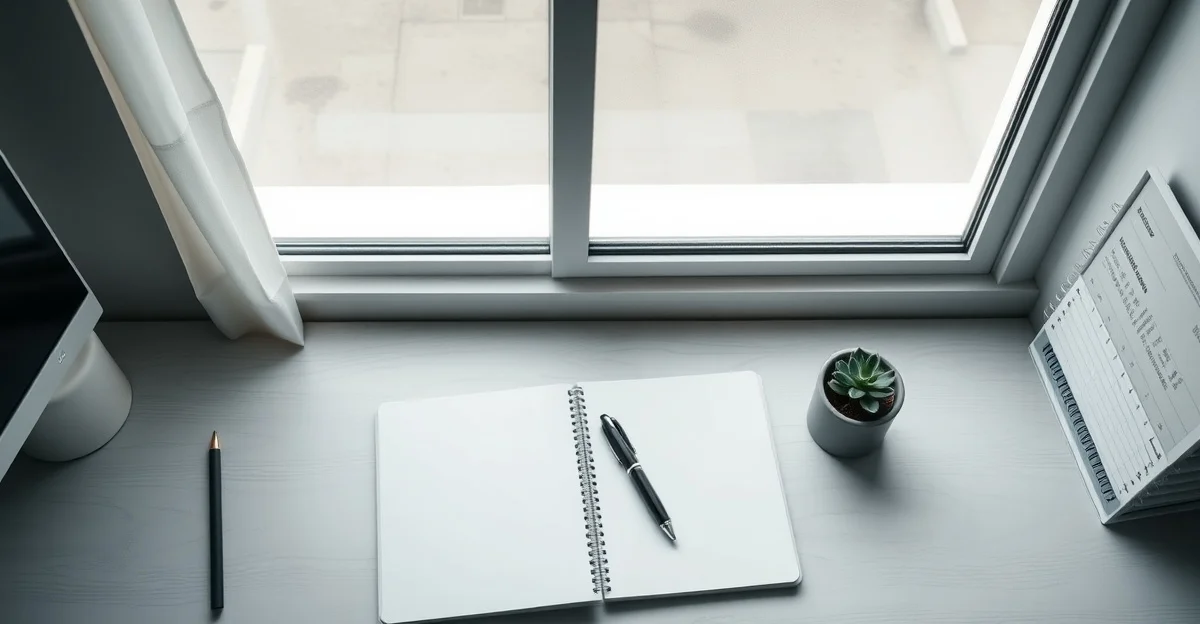 an open journal on a wooden desk with morning light