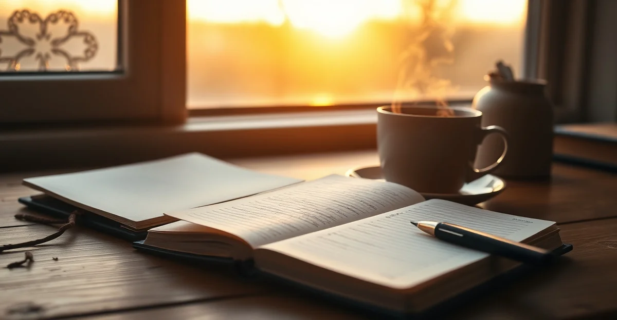 an open journal on a wooden nightstand with soft lamplight