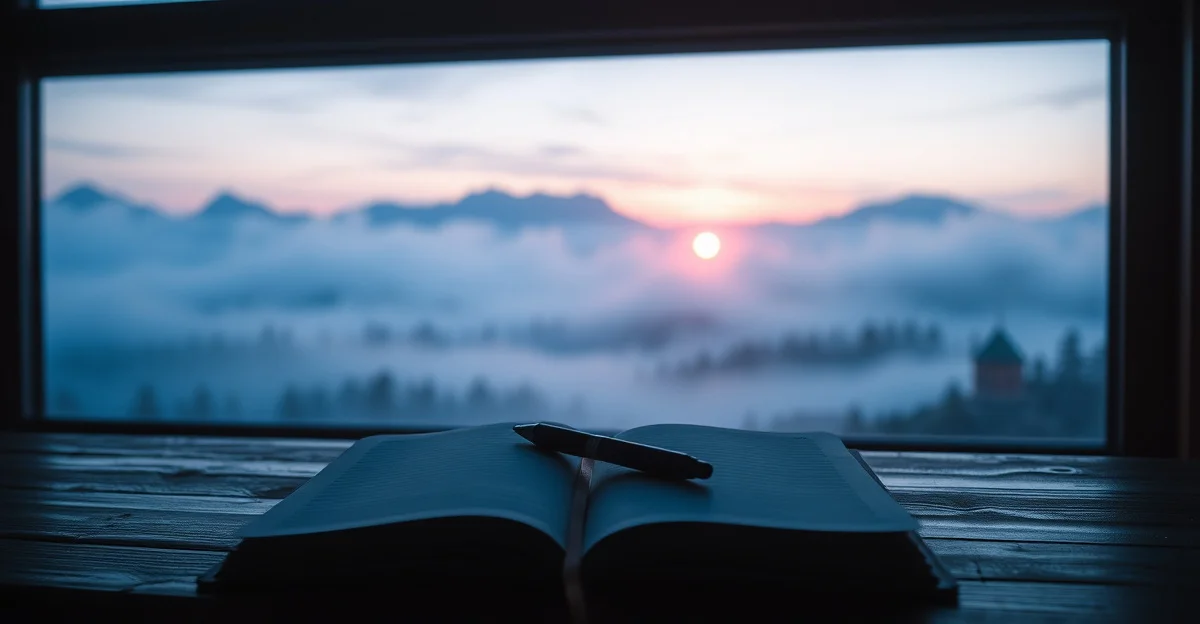 an open journal on a wooden desk with morning light