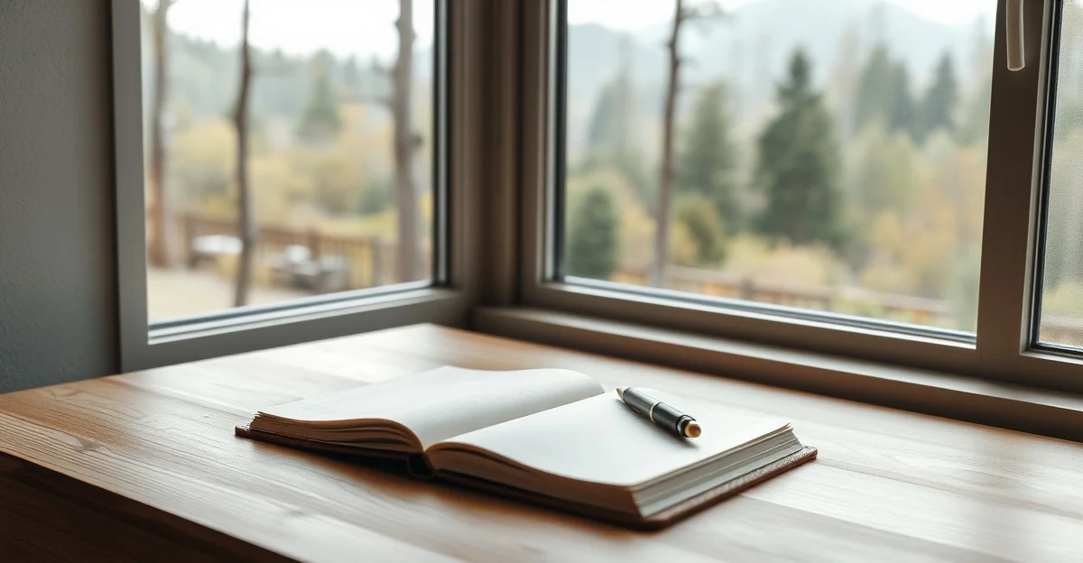 an open journal on a wooden desk with morning light