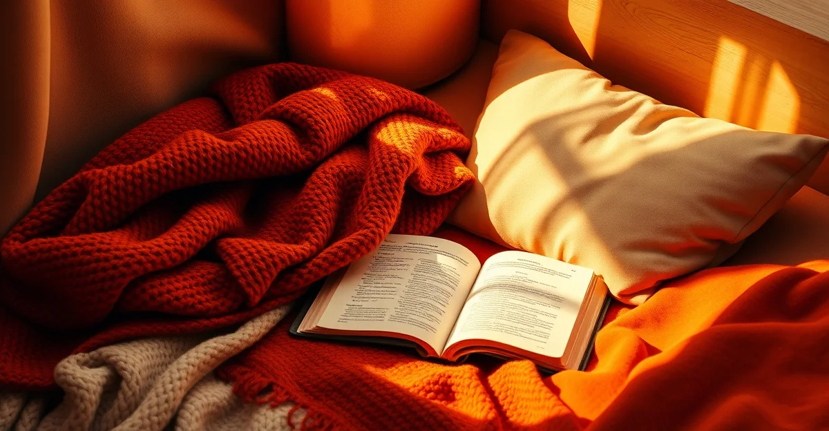 a cozy reading nook with natural light and warm blankets