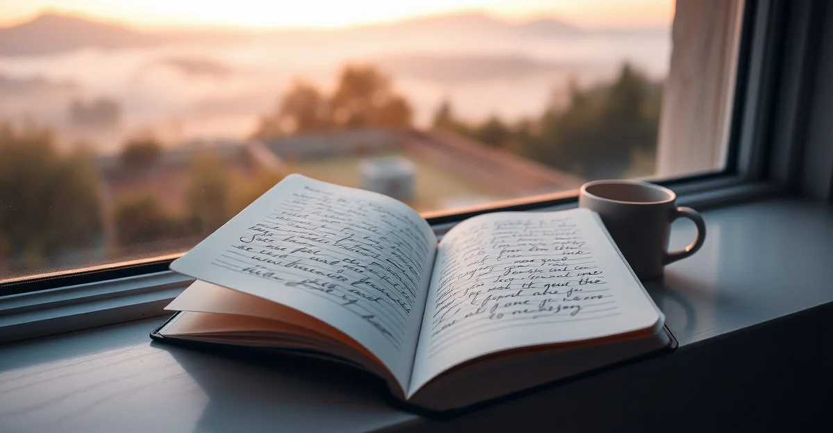 an open journal on a wooden desk with morning light
