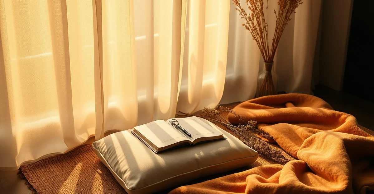 a cozy reading corner with warm blankets and a steaming cup of tea