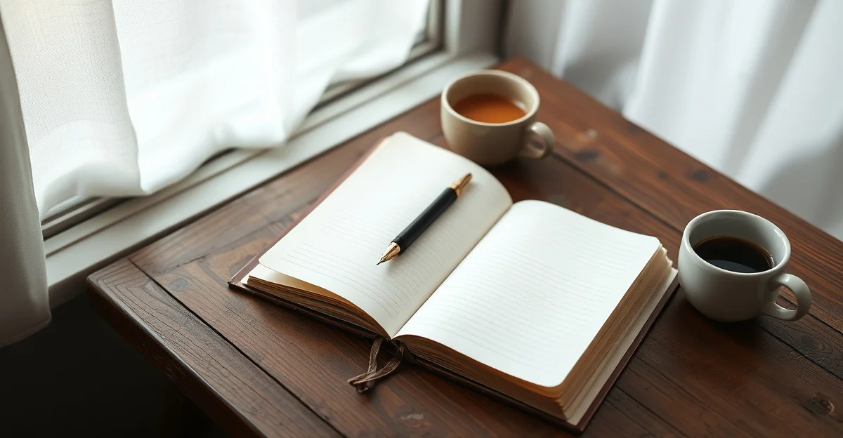 a cozy corner by the window with warm tea and a notebook