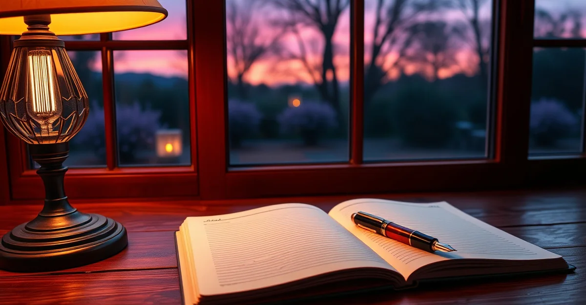 an open journal on a wooden desk with soft evening light