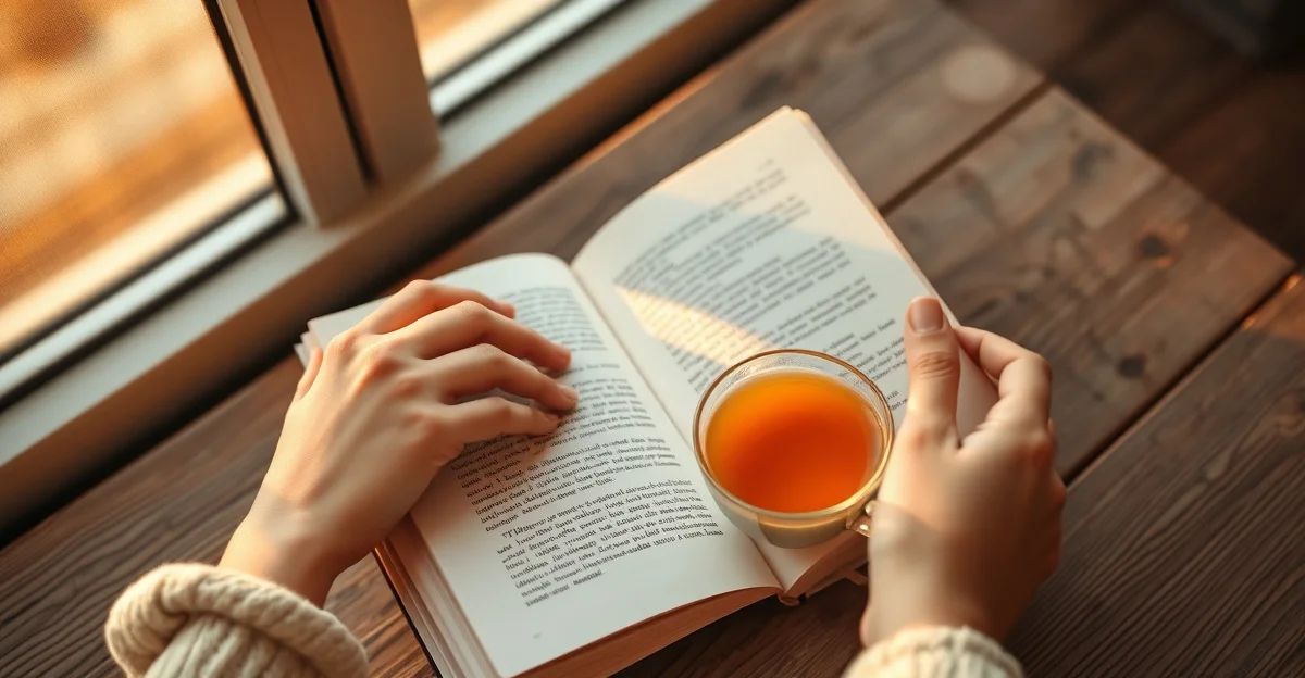 a cozy corner with a warm lamp, journal, and cup of tea