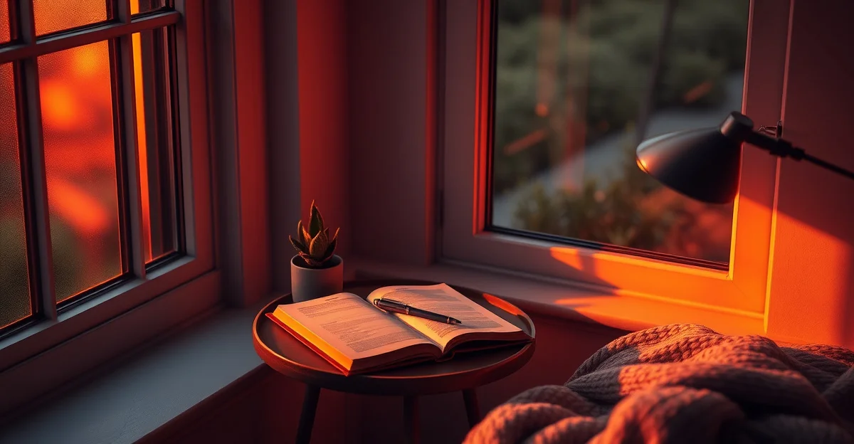 a cozy space with tea and warm light streaming through curtains