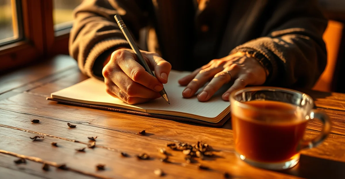 an open journal on a wooden desk with morning light