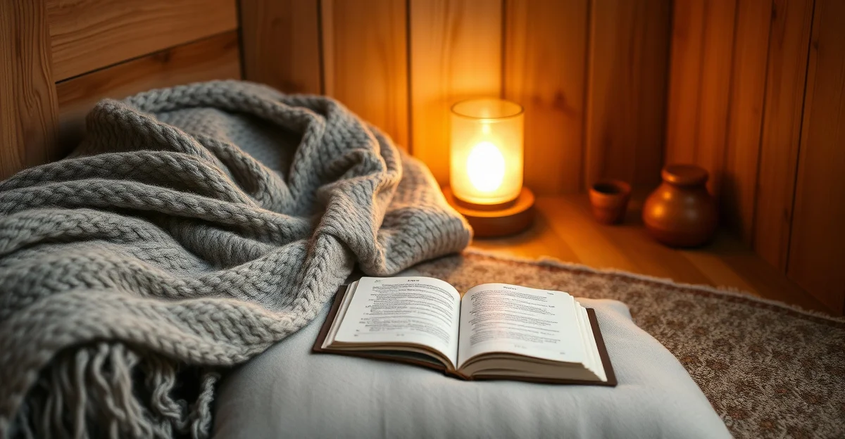 a cozy reading corner with warm blankets and tea
