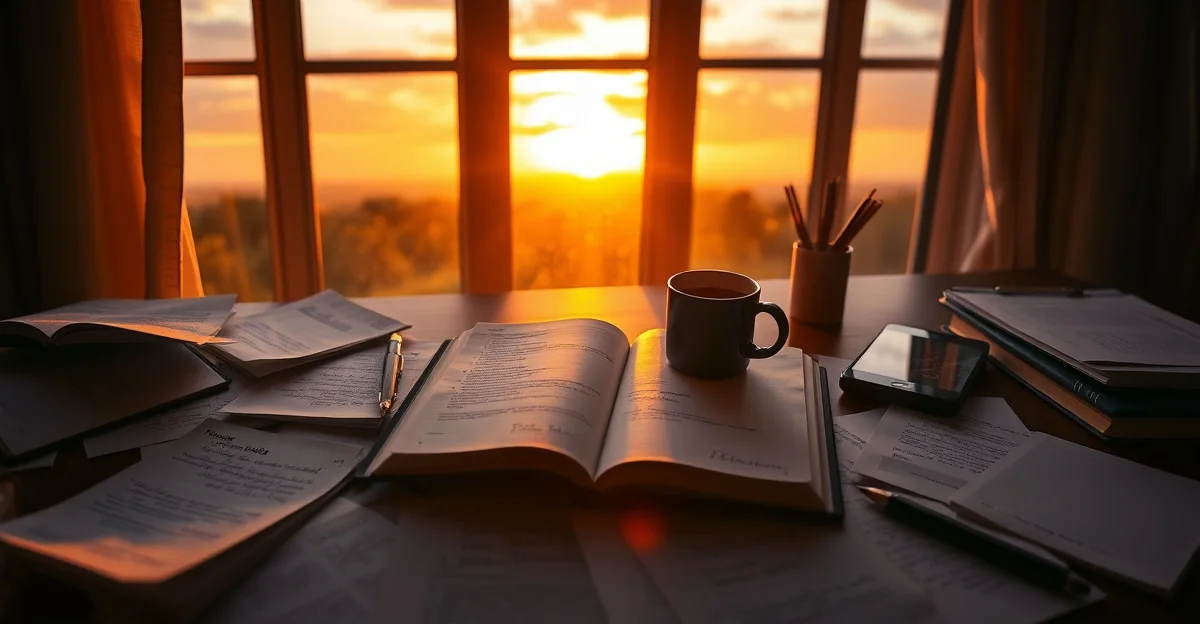 a notebook beside a warm cup of tea by a window