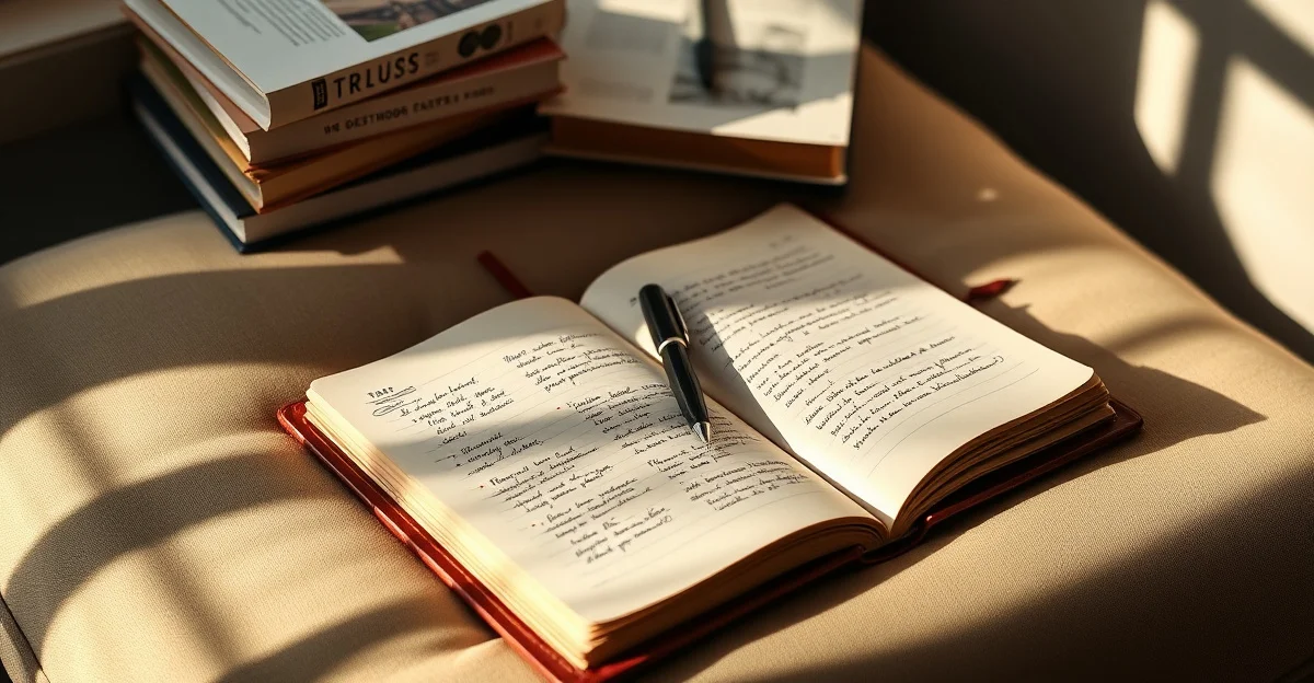 an open journal on a wooden desk with morning light