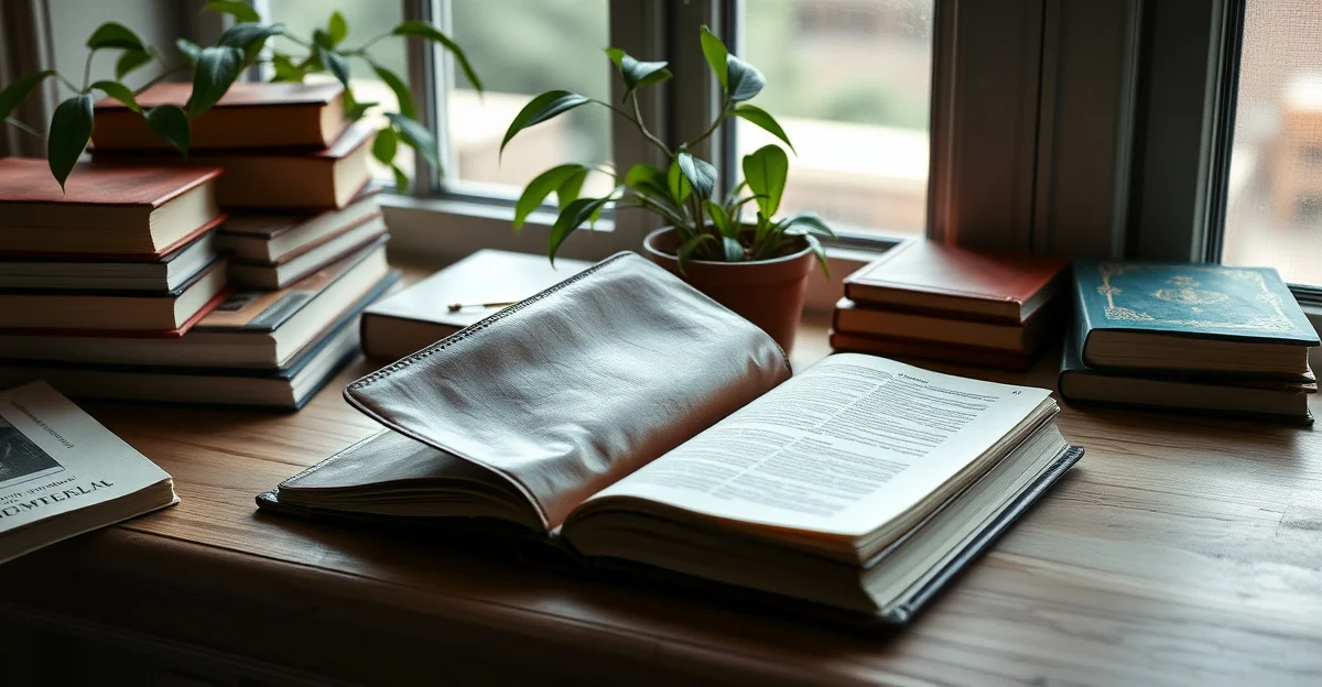 an open journal on a wooden desk with morning light