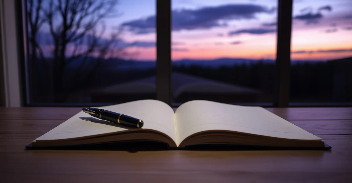 an open journal on a wooden desk with soft morning light