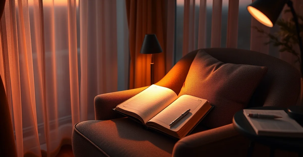 a cozy reading corner with warm tea and soft light