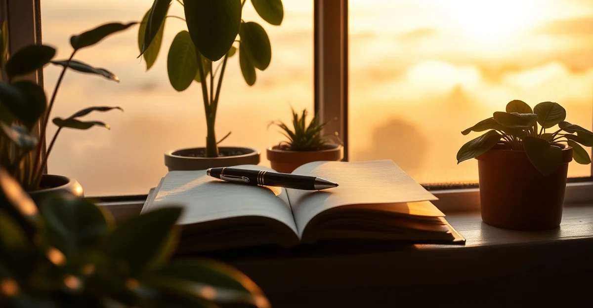 an open journal on a wooden desk with morning light