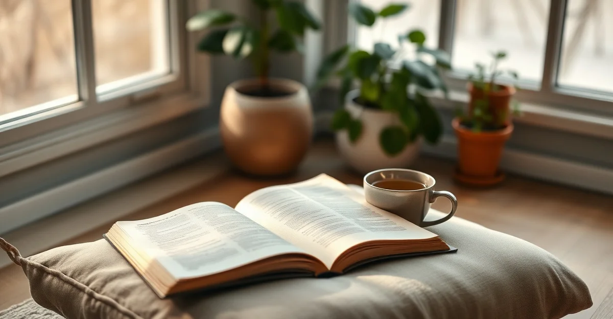 an open journal on a wooden desk with morning light