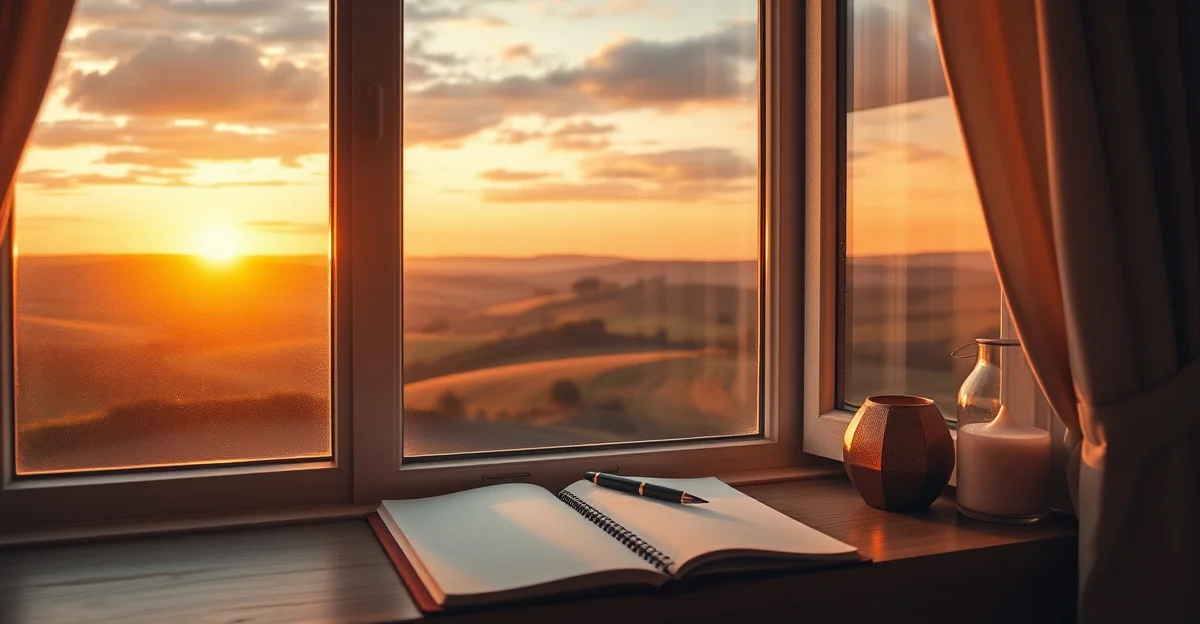 an open journal on a wooden desk with morning light