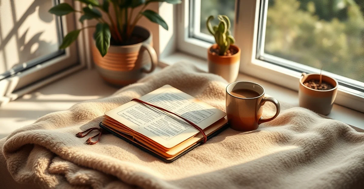 an open journal on a wooden desk with warm morning light