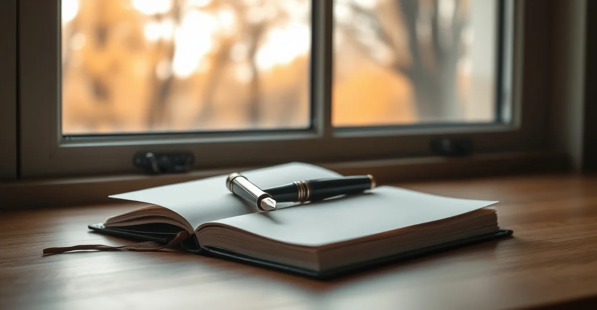 an open journal on a wooden desk with morning light
